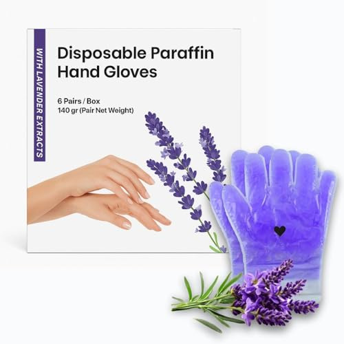 TP Plastic Disposable Paraffin Hand Gloves 6 Pairs Box, Lavender Scented Spa Treatment Gloves for Dry Hands, Hydrating Moisturizing Paraffin Wax Gloves
