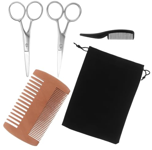 Gogogmee Kit Entretien Barbe Moustache Homme avec Ciseaux Pointus et Peigne Bois Double Face pour Coiffure Voyage Outils de Mise Forme de Barbe et Rasage