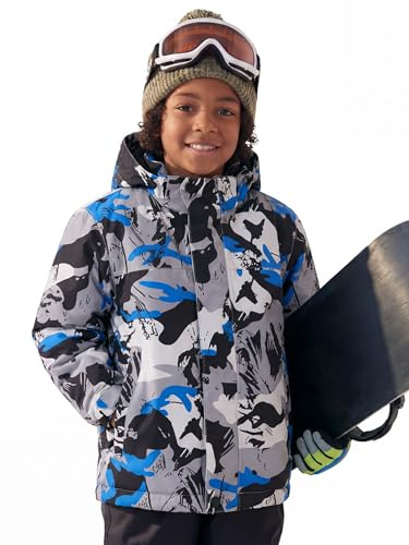 FREE SOLDIER Boy's Waterproof Warm Ski Jacket Windproof Fleece Thick Kids Winter Coat with Hood for Snowboarding Outdoor (Glacier Camo 14-16/Boy)