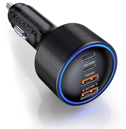 ANYKON 165W Zigarettenanzünder USB C, 4-Port 100W & 65W PD+QC Auto Ladegerät, 12V/24V KFZ Schnellladegerät für MacBook Pro/Air, iPhone 17/16/15 Serie, Samsung Galaxy S25/S24, iPad Pro