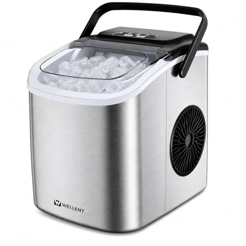 WELLENT Macchina Ghiaccio Portatile in Acciaio Inox - 8 Cubetti in 6 Minuti, 12KG/24 Ore, 2 Dimensioni di Ghiaccio, Funzione Autopulente - Ideale per Casa/Cucina/Ufficio/Bar