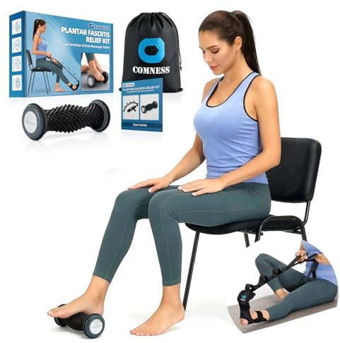 comness Plantar Fasciitis Relief Kit, Calf Stretcher and Foot Roller Massage for Heel, Arch Pain, Simple At-Home Daily Care