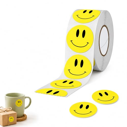500PCS Smiley Face Stickers 1 Roll – Waterproof Round Yellow Happy Face Encouraging Well Done Stickers – Fun Reward Labels for Teachers Parents Scrapbooking Laptops