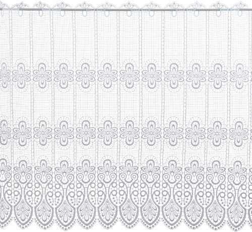 Plauener Spitze Original Gardine - Scheibengardine für Stangendurchzug Oben, hochwertige Stickerei als Guipure Spitze, Höhe 83 cm, Breite 176 cm, Farbe Weiß