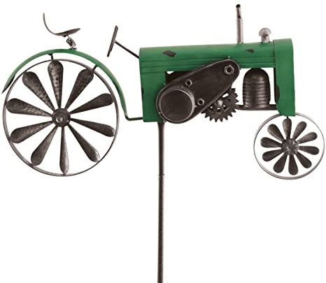 CIM Metall Gartenstecker mit Windrad - Traktor Grün - wetterfest - mit Antik-Effekt - Windräder: Ø18cm, Motiv: 51x32cm, Gesamthöhe: 160cm – attraktive Gartendekoration
