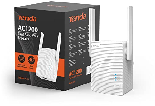Tenda A18 Repetidor WiFi AC1200, Doble Banda 5 GHz y 2.4 GHz, Amplificador y Extensor, Modo de Punto de Acceso, Puerto LAN Ethernet, Antenas externas 2 dBi, WPS botón, señal LED, fácil configuración