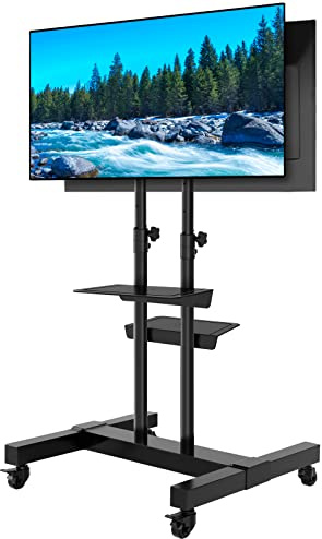 Mobile TV Stand Rolling TV Cart Floor Stand with Mount on Lockable Wheels Height Adjustable Shelf for 32-83 Inch TV Stand Flat Screen or Curved TVs Monitors Display Trolley (Black with 2 TV Brackets)