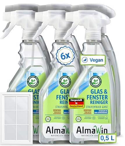 AlmaWin® Glas & Fenster Reiniger [6x 500ml] für streifenfreien Glanz - Glasreiniger ideal für Fenster, Spiegel, Auto & Mehr - Glas & Fensterreiniger Spray, Glass Cleaner - 100% Natürlich & VEGAN