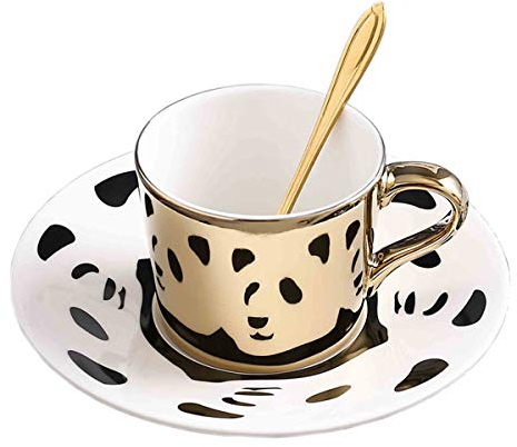 fanquare Panda Spiegel Reflexions Design Porzellan Teetasse Set, Gold Keramik Kaffeetasse Mit Untertasse, 250ml