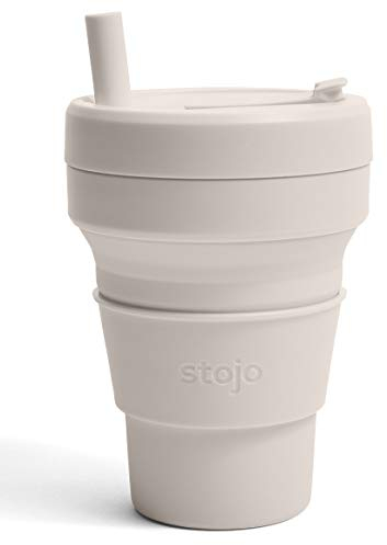 STOJO On-The-Go Biggie Collapsible Coffee Cup with Lid - 16oz / 473ml - Reusable & Foldable Silicone Travel Mug - Portable, Pocket Size - Dishwasher Safe - Oat