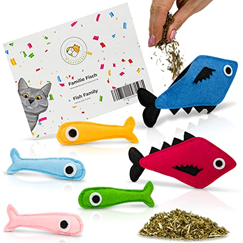 Haustierherz Katzenspielzeug Set Mit Getrockneter Katzenminze Catnip Glöckchen Und Knister, 6 Fische, Wiederbefüllbar, Minzekissen Katzen Kissen Katzenspielzeug Selbstbeschäftigung