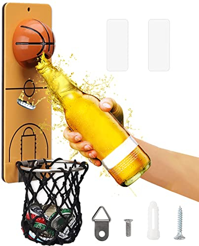 Apribottiglie Magnetico pallacanestro Rimovibile Montato Parete in Metallo con Raccoglitore Tappi, Regalo per Gli Amanti della Birra, Utilizzare Come Decorazione per Cucina Patio Bar