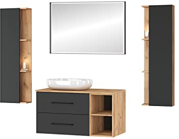 Planetmöbel Juego completo de muebles de baño Juego completo de muebles de baño de 4 piezas 100cm con lavabo sobrepuesto y 2 armarios laterales, en los colores roble dorado/antracita