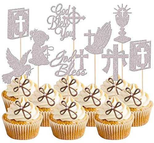 Xsstarmi 24 Stück Gott Segen und Kreuz Cupcake Topper Taube religiöses Kreuz Gott Segen Cupcake Picks Erste Kommunion Kuchen Dekorationen für Kirche Mädchen Taufe Babyparty Geburtstag Party Silber