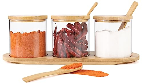 Czemo Set Barattoli Portaspezie 3x300ML Contenitori per cucina con coperchio, cucchiaio e pallet di bambù, Jar