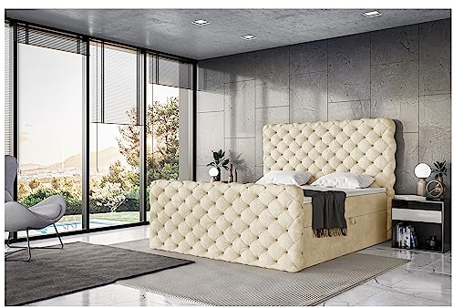 MEBLINI King Boxspringbett mit Bettkasten - Gepolstert Doppelbett mit Matratze und Topper - Polsterbett mit Stauraum - Bett mit Kopfteil - Stauraumbett - Duke - 160x200 - H3/Beige Samt