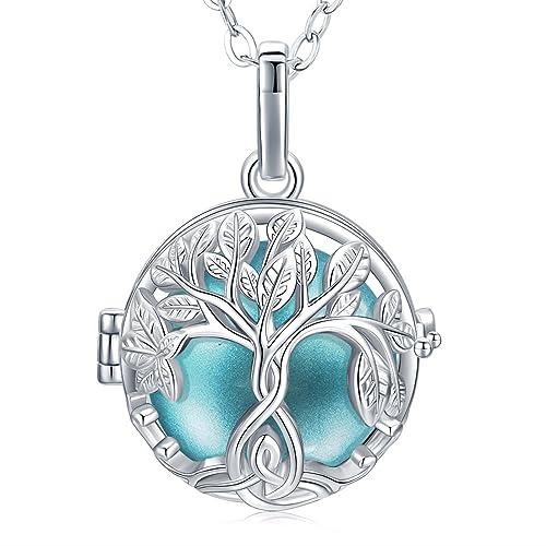CELESTIA Bola Grossesse, Argent Plaque Collier Bola Grossesse Arbre de Vie Pendentif avec Boule de Carillon Longues Chaîne 88~114 cm