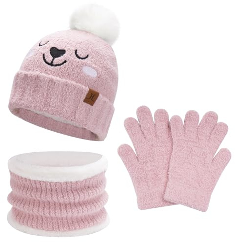 Niños Invierno Gorro Termico Pompon Guantes Tactiles Bufanda Conjunto con Forro Polar Regalo Bebe para 5-8 Años Niña Niño