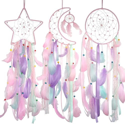 Remorlet 3PCS/SET Pink Moon Sun Star Dream Catcher - Girls Wall Decor for Bedroom, Girl's Room Hanging Decor, Boho Wall Art for Girls Bedroom, Teen Girl Gifts(Pink)