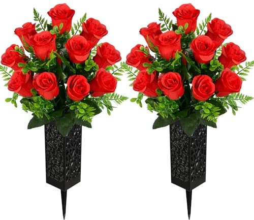 Kukooka Artificial Cemetery Flowers, Grave Memorial Flowers, Set of 2 Artificial Rose Bouquet with Vase for Cemetery Headstones Gravesites Decoration (Red)
