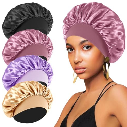 4PCS Silk Bonnet for Sleeping,Hair Wrap Satin Bonnets Shower Cap for Black Women Men, Elastic Wide Band Bonnet Cap for Sleeping Curly Hair(Black & Bean Paste Pink & Purple & Brown)