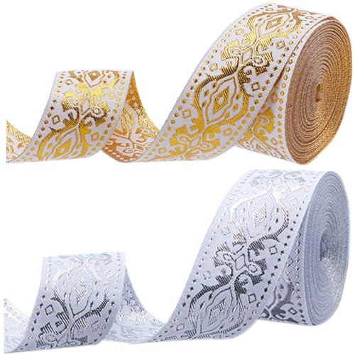 GORGECRAFT 14mX3.3cm Nastro Jacquard Metallico Etnico Ricamato Rotolo di Tessuto Boho su Doppio Lato Tessuto Floreale per Cucire Avvolgere La Cinghia per Artigianato Tende Da Casa Oro Argento