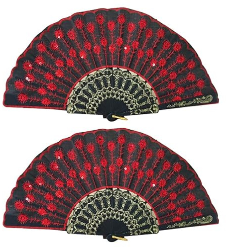 Yardenfun 2 Stück Faltbarer Tanzventilator Mit Paillettenstickerei Roter Handfächer Für Tänzer Geschenk Und Foto Requisiten Party Dekoration