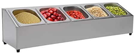 wanwanper 5 Gitter Zutatenbehälter, Edelstahl Zutatenbox Beilagenbehälter Barbehälter, für Restaurants, Heißen Topfgeschäften, Milchteegeschäften, Obstgeschäften, 86 * 22.5 * 22cm