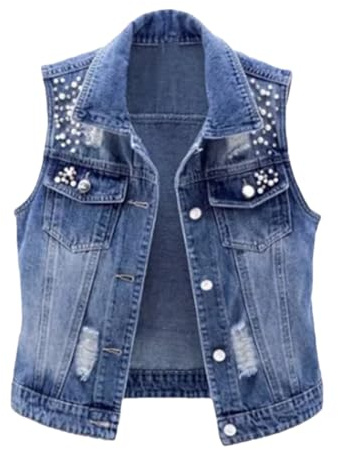 Chaleco de mezclilla con perlas para mujer, chaqueta vaquera, sin mangas, holgada, corta, con cintura, azul, 3XL