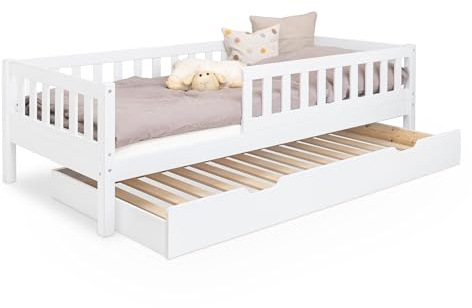Ehrenkind® Kinderbett Lille | Kinderbett 90x200 cm inkl. abnehmbaren Rausfallschutz und Bettkasten aus Massivholz FSC® zertifziert | Jugendbett 90x200 Weiß