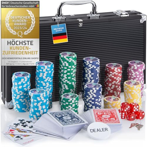Profi Pokerkoffer Pokerset inkl. 300-500 schwerer 12g Metallkern Poker-Chips; Pokerdeck, Pokerkarten, Würfel, Dealer-Button; abschließbar Alu-Koffer; Casino für Zuhause (Schwarz, 300 Chips)