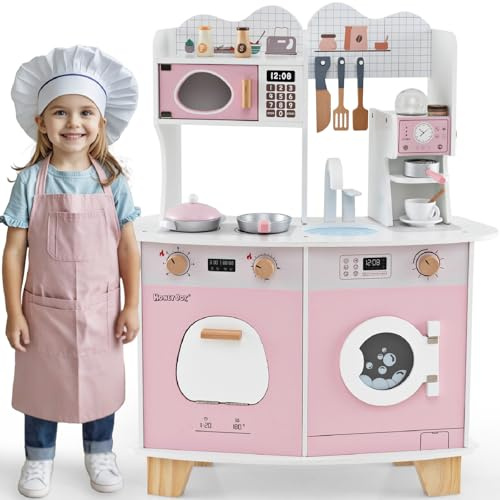 GYMAX Kids Play Kitchen, Wooden Toy Kitchen with Stoves, Microwave, Washing Machine, Oven, Coffee Maker, Sink and Cookware Accessories, Pretend Children Kitchen for 3+ Years Old (Pink)