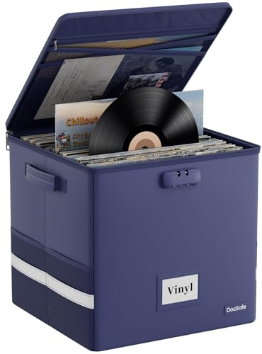 DocSafe Vinyl Record Storage Box with Lock, Fireproof＆Water Resistant Record Organizer for 100+ Single Records(12-inch), Collapsible Storage Crate with Lid&Handles for Valuable Album Collection, Blue