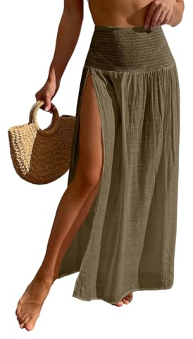 ZAFUL Women's Beach Cover Ups High Split Swim Bathing Suit Shirred Pleated Waistband Summer Maxi Skirt Khaki S