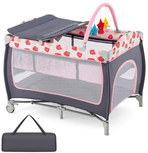 GYMAX Folding Travel Cot, 4 in 1 Portable Baby Bed Playard, Diaper Changer, Mattress, Hanging Toys, Storage Pockets & Carry Bag, Infant Bassinet Nursery Center for Newborn (Grey+Strawberry Pink)