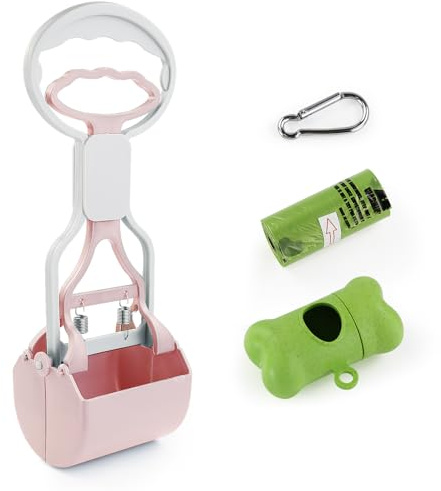 Andiker Cane Pooper Scooper con Manico Corto, 10.26 Alta Doppia Molla Pet Pooper Scooper con 1 Rotolo di Cane Poop Bag e un Dispenser facile da usare Cane Poop Scooper (Lila)