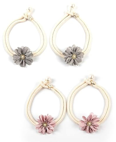 HASLED Sujetadores de Cortinas 4 Piezas - Lazos Ajustables sin Agujeros - Decoración Floral con Cuentas - Gris y Rosa - para Salón, Dormitorio, Jardín