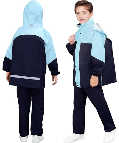 Baogaier Enfants Imperméable à Capuche, Unisexe Fille Garçon Léger Manteau Veste de Pluie et Pantalon Combinaison avec Bandes Réfléchissante, pour Sport Randonnée Voyage 13-14 Ans, Bleu Noir