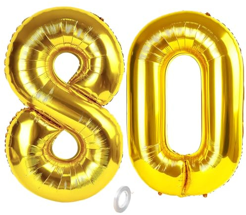 Balorise 40 Inch Giant Gold Foil Balloon Number 80, Inflatable Helium, Large Number 0-9, 10-100 (101 cm), Gold Foil Balloons for Birthday Party and Wedding