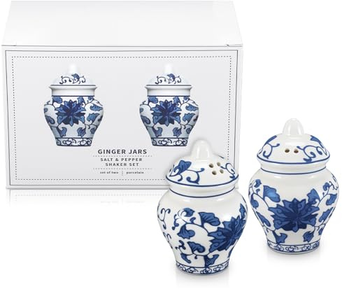 Honeydak 2 Pcs Chinoiserie Mini Ginger Jar Salt and Pepper Shakers Set in Gift Box Ceramic Jar Design, Elegant Blue & White Porcelain Spice Containers for Dining Table