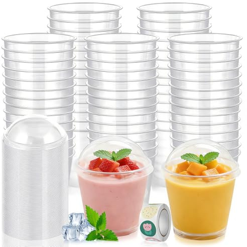 Kozdtiz 50 Stück Desserttasse, 200 ml Dessertgläser Plastik mit Deckel, Wiederverwendbar RundendessertgläSer Plastik, Runden Desserttöpfe für Zuhause Desserts Mousse Pudding