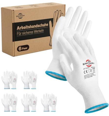 Switory 6 paires de gants de montage en polyuréthane blanc, taille XL/10, gants de travail pour homme et femme, gants en nylon sans latex, revêtement PU, gants de travail légers pour jardin, atelier