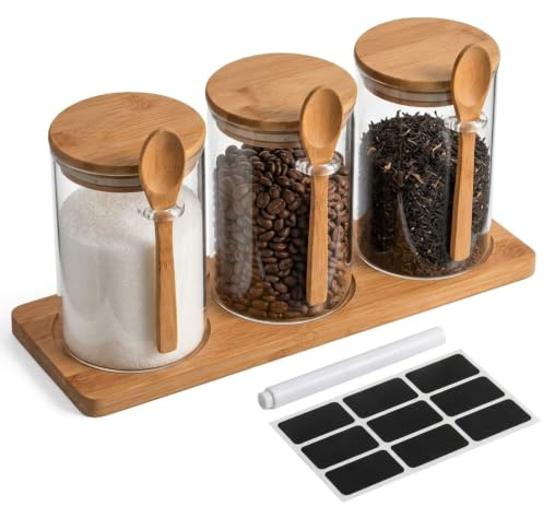Raoletin 3 Piece Glass Tea Coffee and Sugar Canisters Set, Airtight Tea Sugar and Coffee Containers Set with Wood Lids, Spoons and Tray for Countertop for Kitchen and Office Counter Organization
