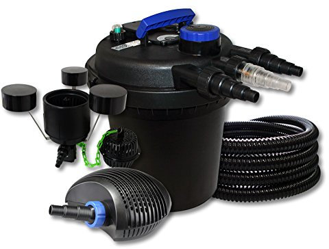 SunSun Komplettset: CPF-250 Teichdruckfilter bis 10000 L Teich mit 11W Teichklärer, CTF-3800 SuperECO Teichpumpe 3600l/h 20W, 25m Teichschlauch 25 mm (1), CSP-250 Schwimmskimmer mit Pumpe 2500l/h 45W