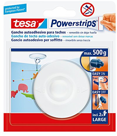 tesa Powerstrips Gancho para Techos - Gancho Adhesivo de Plástico para Decoración de Techos y Colgantes con tesa Powerstrips Grande - Blanco - Soporta hasta 500 g