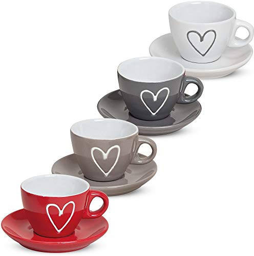 Klassische Espressotassen mit Unterteller in weiß, grau, braun, rot - Dickwandige 50ml Keramik Tassen im 8-tlg. Set für italienischen Espresso - Kleine spülmaschinenfeste Kaffeetassen als Geschenk