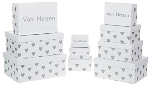 Brandsseller 10er Geschenkbox Set mit Deckel – Aufbewahrungsboxen aus stabilem Karton mit Herzen – Deckel Schriftzug Von Herzen – Hochwertige Dekoboxen für Geschenke Deko & Ordnung Weiß/Grau