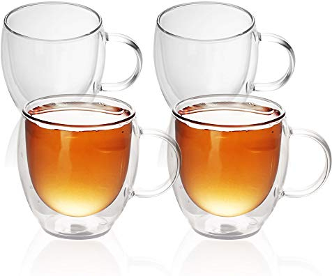Intirilife Set de 4 Verres Thermiques à Double paroi -100-150ml- soufflés à la Bouche et isolés pour Espresso Cappuccino, Verres à thé Verres à café Tasses à Latte, Effet de lévitation avec Anse