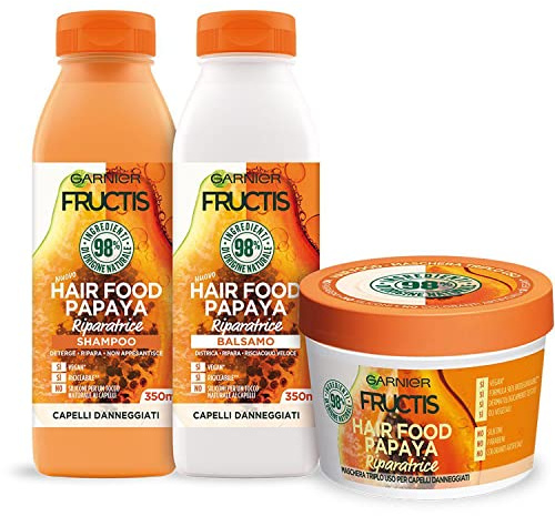 Garnier Fructis Haarpflege-Set Papaya Hair Food Shampoo 350ml + Conditioner 350ml + 3in1 Maske 390ml Reparierendes für Strapaziertes Haar Natürliche Formel Vegan Ohne Silikone - 3er Set