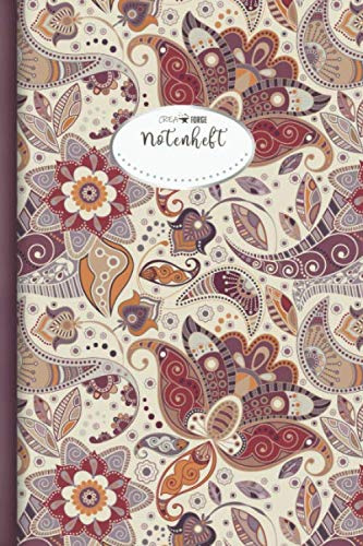 CreaForge Design Notenheft A5: 60 Seiten mit Seitenzahlen & Inhaltsverzeichnis | 10 Notensysteme pro Seite | Notenheft blanko Softcover glänzend | Notenbuch | Musikheft A5 | Motiv: Paisley CFP-AFP05
